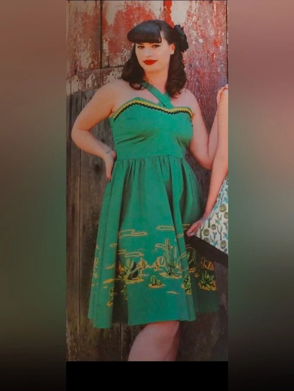 RARE Dressed to Kill Green Cactus Print Fit & Flare Dress Ric Rac Retro Pinup - Picture 2 of 2